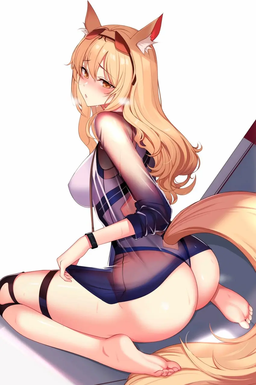 Image 1girls,blush,female,female_only,head_tilt,highres,light-skinned_female,long_hair,solo,white_background,animal_ears,tail,ass,big_ass,looking_back,thighs,barefoot,kneeling,orange_eyes,feet,arknights,ateoyh,blonde_hair,kemonomimi,legs,flustered,nearl_(arknights),one-piece_swimsuit,parted_lips,sitting,sunglasses_on_head,swimsuit