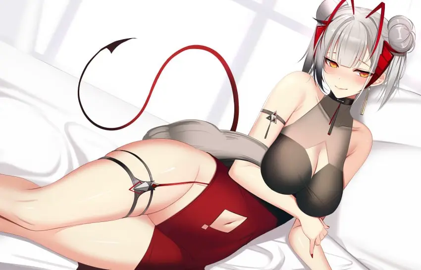 Image big_breasts,blush,breasts,female,looking_at_viewer,smile,white_hair,navel,short_hair,tail,lying,earrings,thighs,orange_eyes,arknights,ateoyh,dutch_angle,horns,bare_shoulders,cleavage,collarbone,legs,cleavage_cutout,dress,hand_under_breasts,lips,nail_polish,navel_cutout,no_pussy,on_side,tied_hair,w_(arknights)