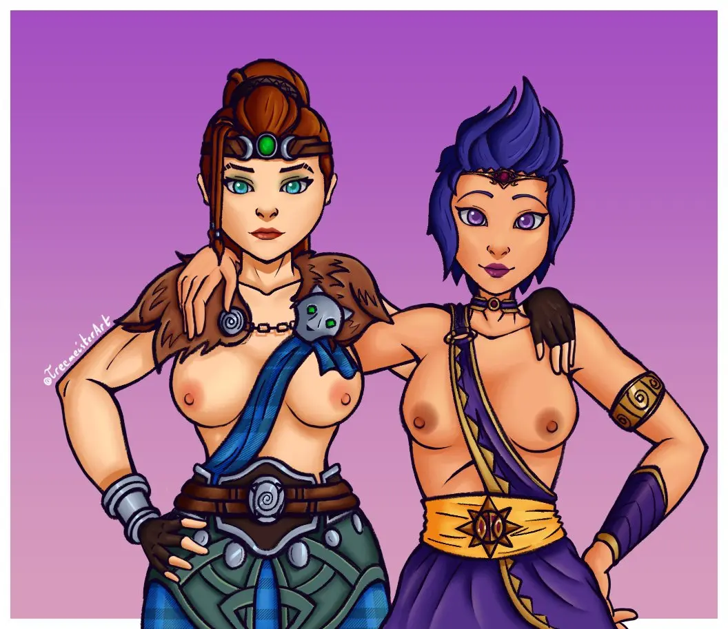 Image breasts,female,light-skinned_female,light_skin,looking_at_viewer,2girls,multiple_girls,red_hair,colored,uncensored,twitter,deity,goddess,mythology,public_domain,smite,treemeister,artio_(smite),celtic_mythology,european_mythology,purple_hair,discordia_(smite),greek_mythology,hand_on_another's_shoulder,hand_on_hip,hand_on_own_hip,hand_on_shoulder,roman_mythology,uncensored_breasts