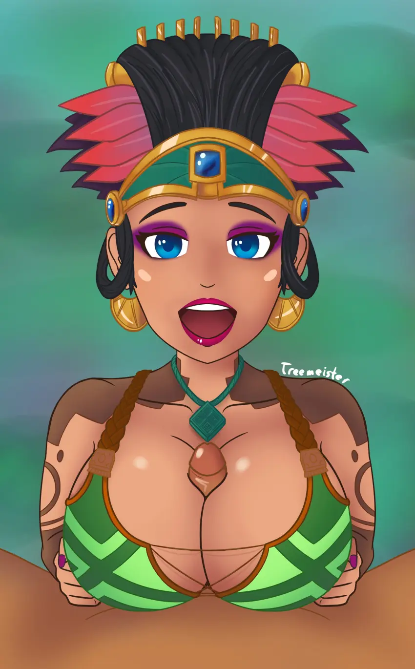 Image 1girls,big_breasts,breasts,female,1boy,black_hair,male,dark-skinned_male,dark_skin,interracial,tan_skin,tan-skinned_female,deity,goddess,mythology,paizuri,public_domain,smite,treemeister,pov,awilix_(smite),mayan_mythology,mesoamerican_mythology