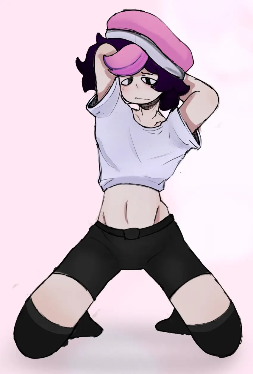 Image blush,looking_at_viewer,solo,black_legwear,male,thighhighs,hat,multicolored_hair,embarrassed,femboy,arms_behind_head,arms_up,belly_button,no_shoes,original_character,1femboy,socks,black_eyes,white_shirt,2d_(artwork),black_and_pink_hair,black_shorts,black_socks,blushing_at_viewer,colored_sketch,cropped_shirt,legs_apart,luciinsfw,on_knees,pink_headwear,shorts