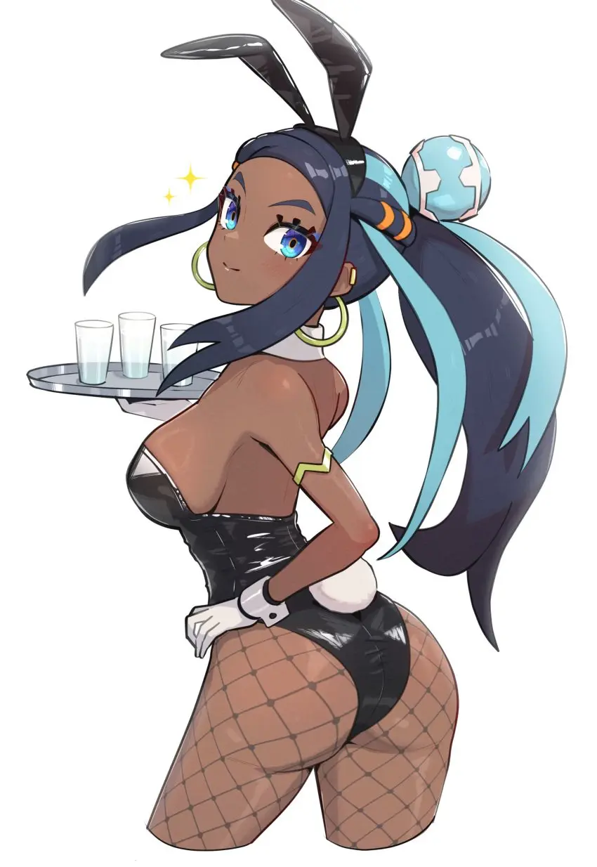 Image breasts,female,female_only,human,solo,pokemon,ass,earrings,two_tone_hair,dark_skin,sideboob,tagme,bunny_ears,bunny_girl,dark-skinned_female,nintendo,bunny_tail,bunnysuit,fishnets,gonzarez,jpeg,nessa_(pokemon),playboy_bunny,tray,waitress
