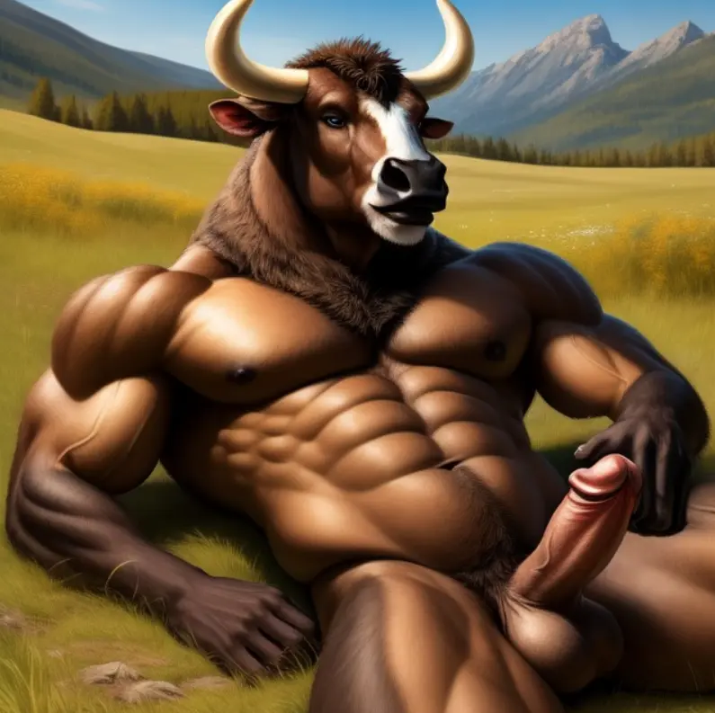 Image male,penis,lying,furry,muscular,muscular_male,horns,ai_generated,balls,anthro,outdoors,fur,mammal,american_bison,bison,bovid,bovine,mountain