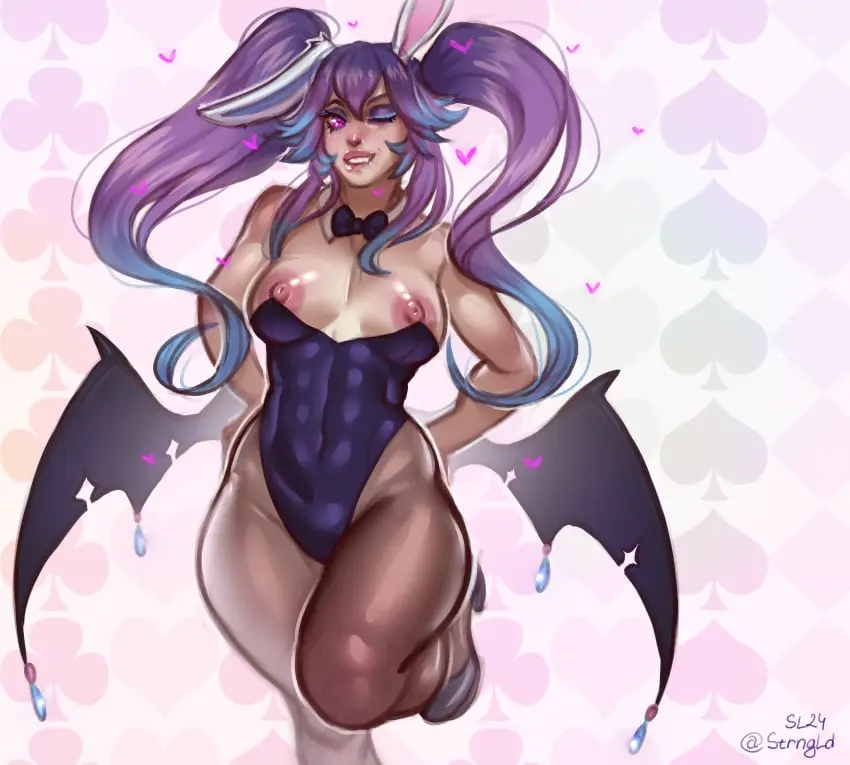 Image 1girls,breasts,breasts_out,female,female_only,light-skinned_female,light_skin,nipples,solo,animal_ears,blue_hair,gradient_hair,areolae,virtual_youtuber,wings,pink_eyes,one_eye_closed,rabbit_ears,purple_hair,twintails,high_heels,artist_signature,eyeshadow,makeup,leotard,cottontail_(vtuber),cottontailva_(character),indie_virtual_youtuber,strngld,two_colored_hair