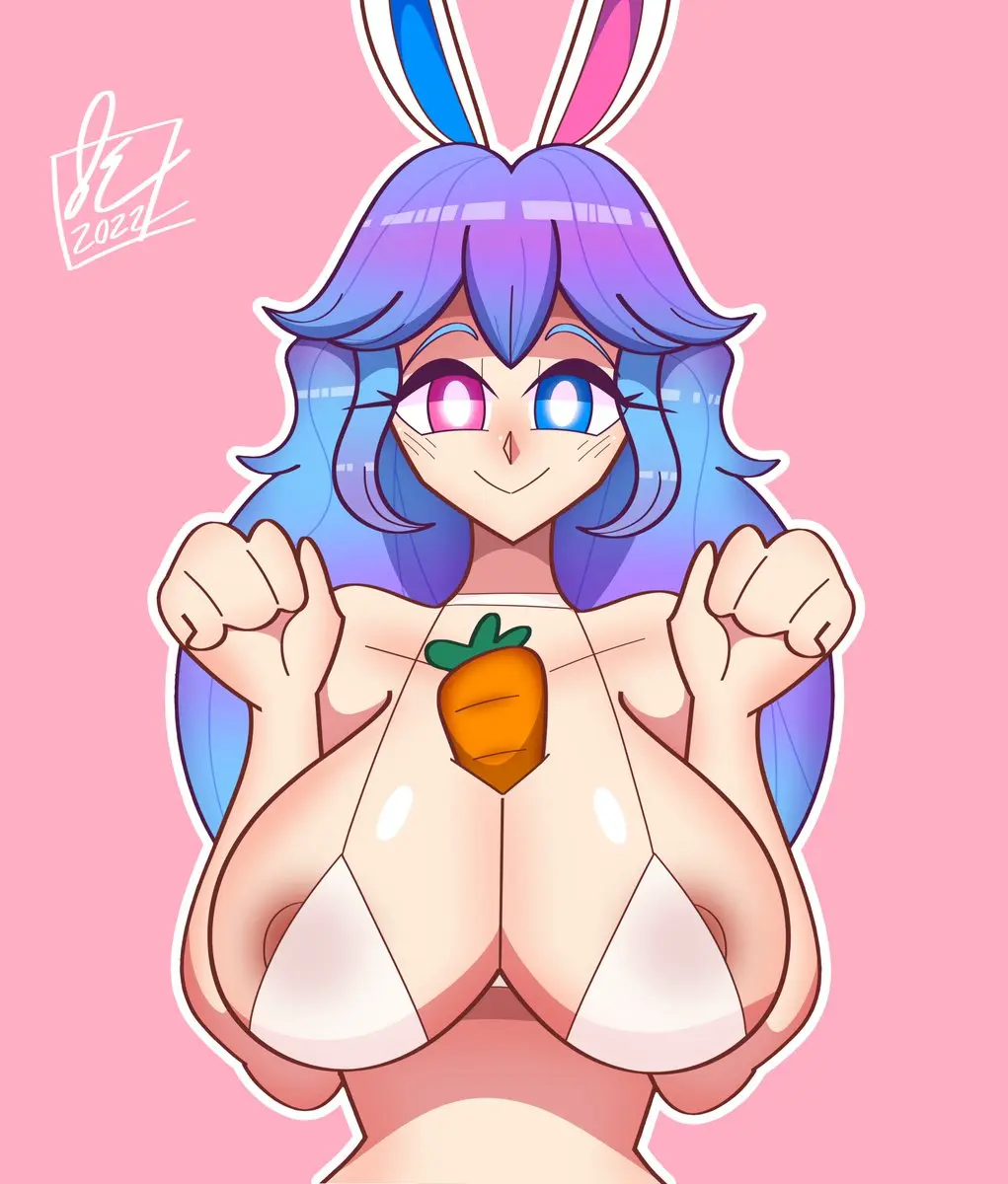 Image 1girls,breasts,female,female_only,large_breasts,light-skinned_female,light_skin,solo,animal_ears,blue_eyes,multicolored_hair,virtual_youtuber,pink_eyes,rabbit_ears,2022,closed_mouth,upper_body,heterochromia,carrot,cottontail_(vtuber),cottontailva_(character),indie_virtual_youtuber,carrot_paizuri,object_between_breasts,pupriot