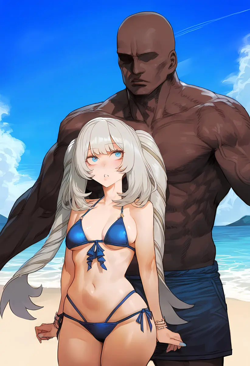 Image male,bikini,dark-skinned_male,dark_skin,interracial,beach,ai_generated,size_difference,fate_(series),kaikoi,marie_antoinette_(fate),twin_drills