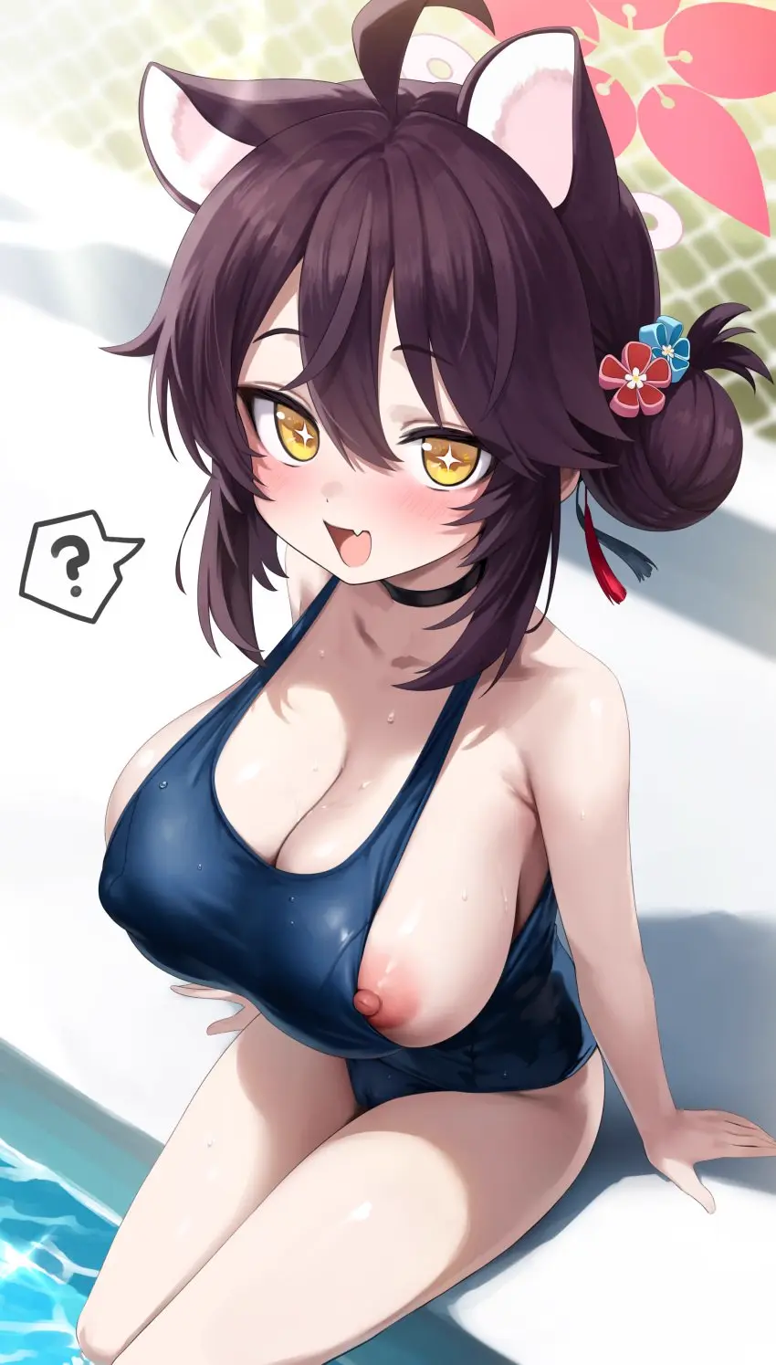 Image 1girls,blush,breasts,female,hair_ornament,highres,large_breasts,looking_at_viewer,nipples,open_mouth,smile,solo,absurdres,animal_ears,black_hair,short_hair,sidelocks,yellow_eyes,blondy_(ldlong),blue_archive,choker,cute_fang,skin_fang,water,bare_shoulders,cleavage,covered_nipples,happy,shadow,sideboob,from_above,one-piece_swimsuit,sitting,swimsuit,halo,wet,ahoge,cameltoe,hair_between_eyes,outdoors,black_choker,alternate_costume,feet_out_of_frame,flower,hair_flower,:d,arm_support,?,speech_bubble,pool,hair_bun,star-shaped_pupils,wet_clothes,+_+,blue_flower,blue_one-piece_swimsuit,blurry,blurry_background,bright_pupils,caustics,chain-link_fence,day,depth_of_field,double-parted_bangs,fence,kaede_(blue_archive),nipple_slip,old_school_swimsuit,poolside,school_swimsuit,side_bun,single_side_bun,soaking_feet,spoken_question_mark,sunlight,tassel,tassel_hair_ornament,taut_clothes,taut_swimsuit,wet_swimsuit