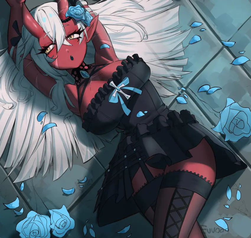 Image female,white_hair,yellow_eyes,virtual_youtuber,horns,red_skin,scars,akumi,oni,oni_horns,vyugen