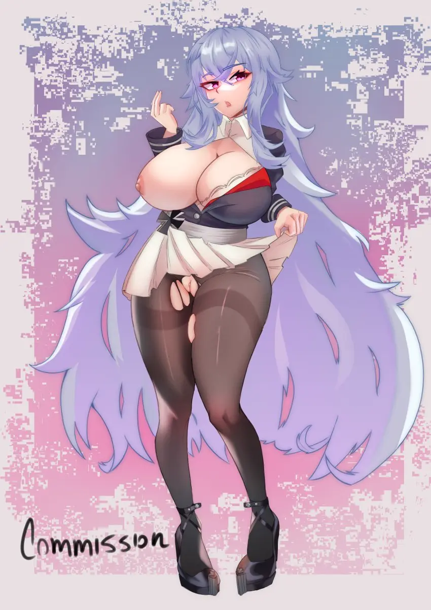 Image 1girls,breasts,female,highres,large_breasts,long_hair,nipples,open_clothes,open_mouth,open_shirt,red_eyes,solo,standing,very_long_hair,absurdres,pussy,pink_eyes,hair_between_eyes,miniskirt,skirt,no_panties,torn_clothes,azur_lane,skirt_lift,one_breast_out,task-late,graf_zeppelin_(azur_lane),iron_cross,pantyhose,silver_hair,torn_pantyhose