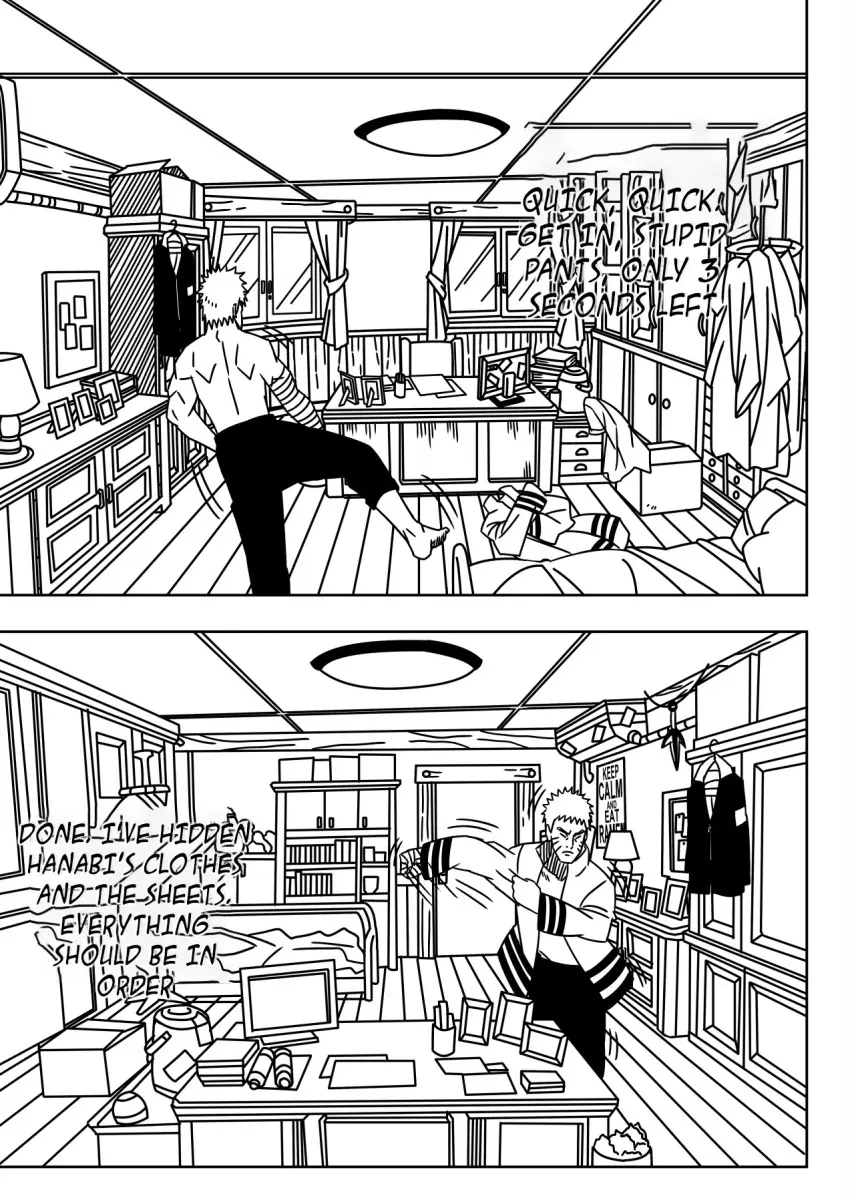 Image open_clothes,solo,1boy,male,barefoot,male_only,solo_focus,after_sex,indoors,comic,monochrome,dialogue,english_text,partially_clothed,naruto,naruto_(series),solo_male,boruto:_naruto_next_generations,speech_bubble,ninrubio,story,uzumaki_naruto,cleaning,dressing,half-dressed,office