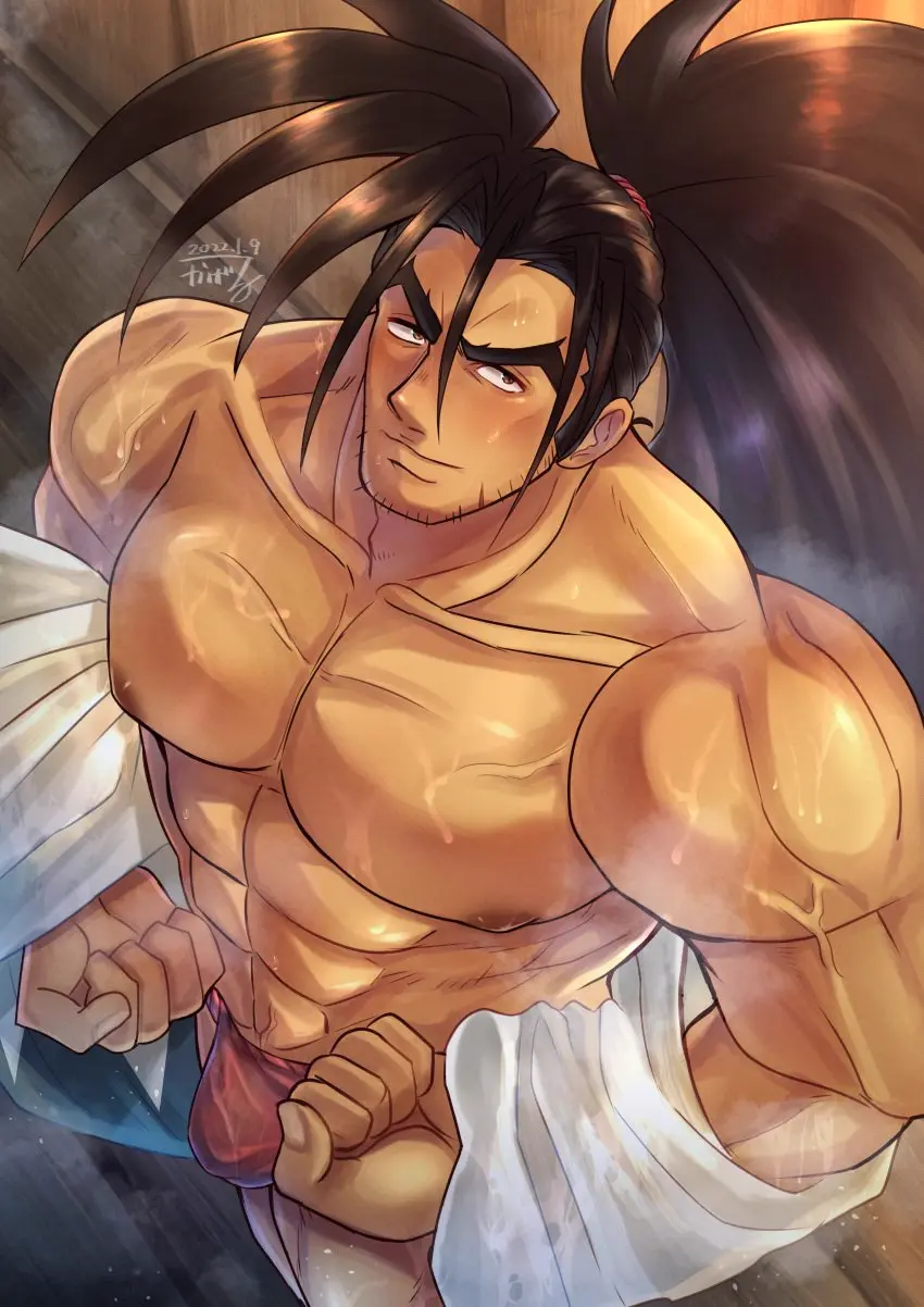 Image blush,hi_res,highres,looking_at_viewer,nipples,1boy,male,underwear,muscular,muscular_male,male_only,yaoi,bara,bulge,fundoshi,haohmaru,japanese_clothing,male_nipples,penis_outline,samurai_shodown,2022,mofnyan