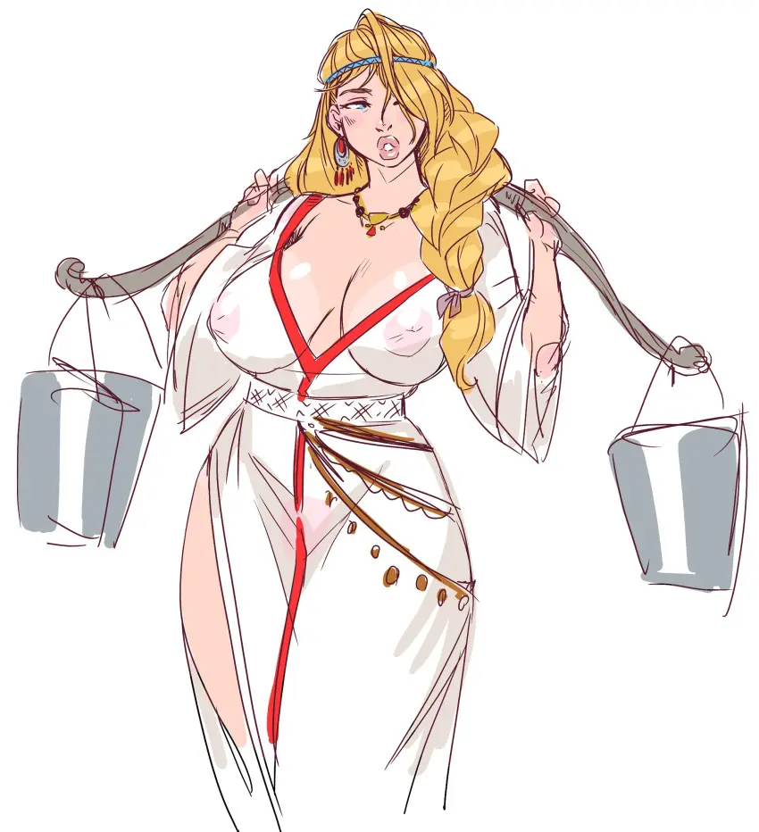 Image big_breasts,breasts,female,long_hair,solo,cleavage,blonde_hair,dress,curvy,sketch,fizzz,bucket,carrying_object,water_bucket