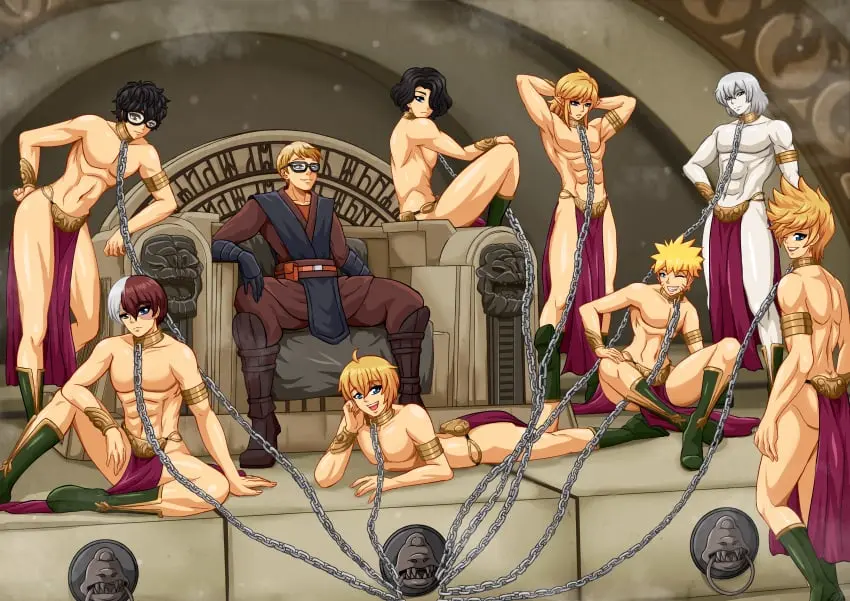 Image looking_at_viewer,white_hair,black_hair,male,red_hair,multicolored_hair,male_only,yaoi,glasses,blonde_hair,my_hero_academia,gay,multiple_boys,collar,xenoblade_(series),naruto,naruto_shippuden,persona,breath_of_the_wild,the_legend_of_zelda,uzumaki_naruto,chains,blonde_hair_male,6+boys,9boys,castlevania,chain_leash,chained,chained_together,cosplay,crossover,jabba's_palace,joker_(persona),kingdom_hearts,lies_of_p,link,link_(breath_of_the_wild),megami_tensei,multiple_males,persona_5,pinocchio_(lies_of_p),ren_amamiya,reverse_harem,roxas,rud-k,seductive_pose,shouto_todoroki,shulk_(xenoblade),sitting_on_chair,slave_bikini,slave_collar,slave_leia_(cosplay),slave_outfit,slaveboy,soma_cruz,star_wars,twink,twunk,vampire_boy