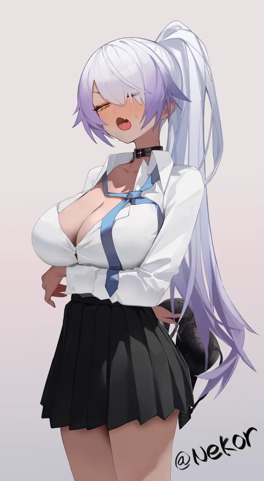 Image 1girls,blush,breasts,brown_eyes,female,grey_hair,large_breasts,long_hair,looking_at_viewer,open_mouth,partially_unbuttoned,simple_background,male,bra,hair_over_one_eye,ponytail,two_tone_hair,dark_skin,cleavage,school_uniform,ahoge,dark-skinned_female,duel_monster,purple_hair,sky_striker_ace_-_azalea,yu-gi-oh!,collar,skirt,necktie,arm_under_breasts,loose_necktie,qijiu_shi_yu,removed_bra