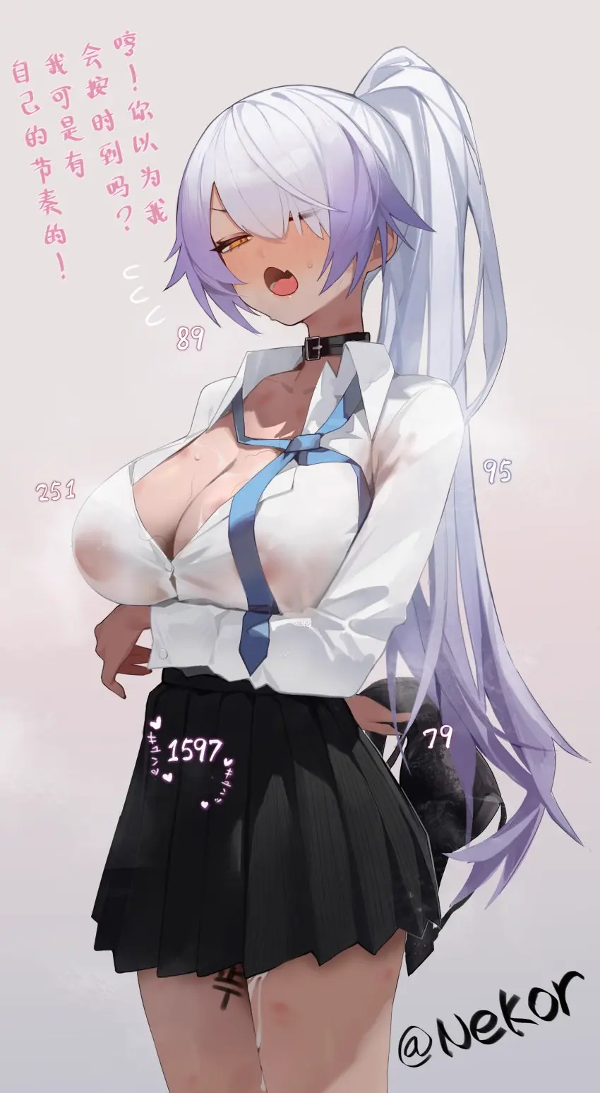Image 1girls,blush,breasts,brown_eyes,female,grey_hair,large_breasts,long_hair,looking_at_viewer,open_mouth,partially_unbuttoned,simple_background,cum,male,bra,hair_over_one_eye,ponytail,two_tone_hair,dark_skin,embarrassed,cum_leaking,cleavage,school_uniform,after_sex,ahoge,dark-skinned_female,duel_monster,purple_hair,sky_striker_ace_-_azalea,stray_pubic_hair,yu-gi-oh!,collar,skirt,see-through,steam,body_writing,necktie,arm_under_breasts,loose_necktie,qijiu_shi_yu,removed_bra,hickey