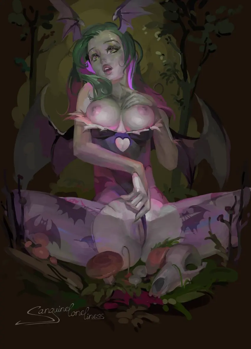 Image 1girls,breasts,breasts_out,female,large_breasts,looking_at_viewer,solo,pussy,spread_legs,presenting_pussy,sanguineloneliness,darkstalkers,morrigan_aensland,succubus