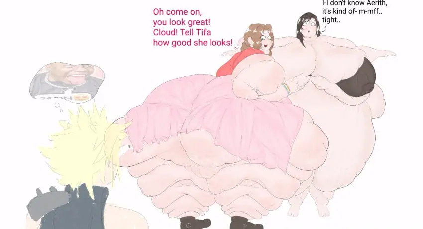 Image breasts,female,1boy,2girls,black_hair,male,bra,ass,huge_ass,thighs,huge_breasts,text,blonde_hair,brown_hair,dialogue,final_fantasy,final_fantasy_vii,tifa_lockhart,nipple_bulge,huge_thighs,meme,cloud_strife,aerith_gainsborough,fat_rolls,gabbadraws,morbidly_obese,morbidly_obese_female,obese,ssbbw,thought_bubble,tight_bra,ussbbw,zamn!