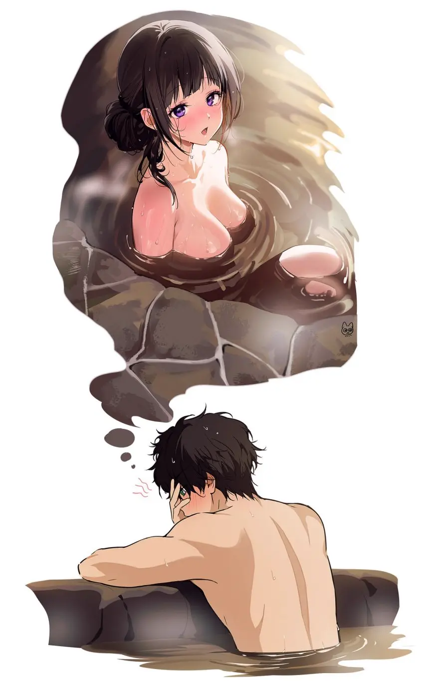 Image blush,breasts,female,highres,large_breasts,looking_at_viewer,1boy,absurdres,black_hair,male,nude,collarbone,completely_nude,purple_eyes,wet,covering_face,back,:o,steam,onsen,partially_submerged,chitanda_eru,hyouka,imagining,knees_up,mery_(yangmalgage),oreki_houtarou,refraction,wet_hair