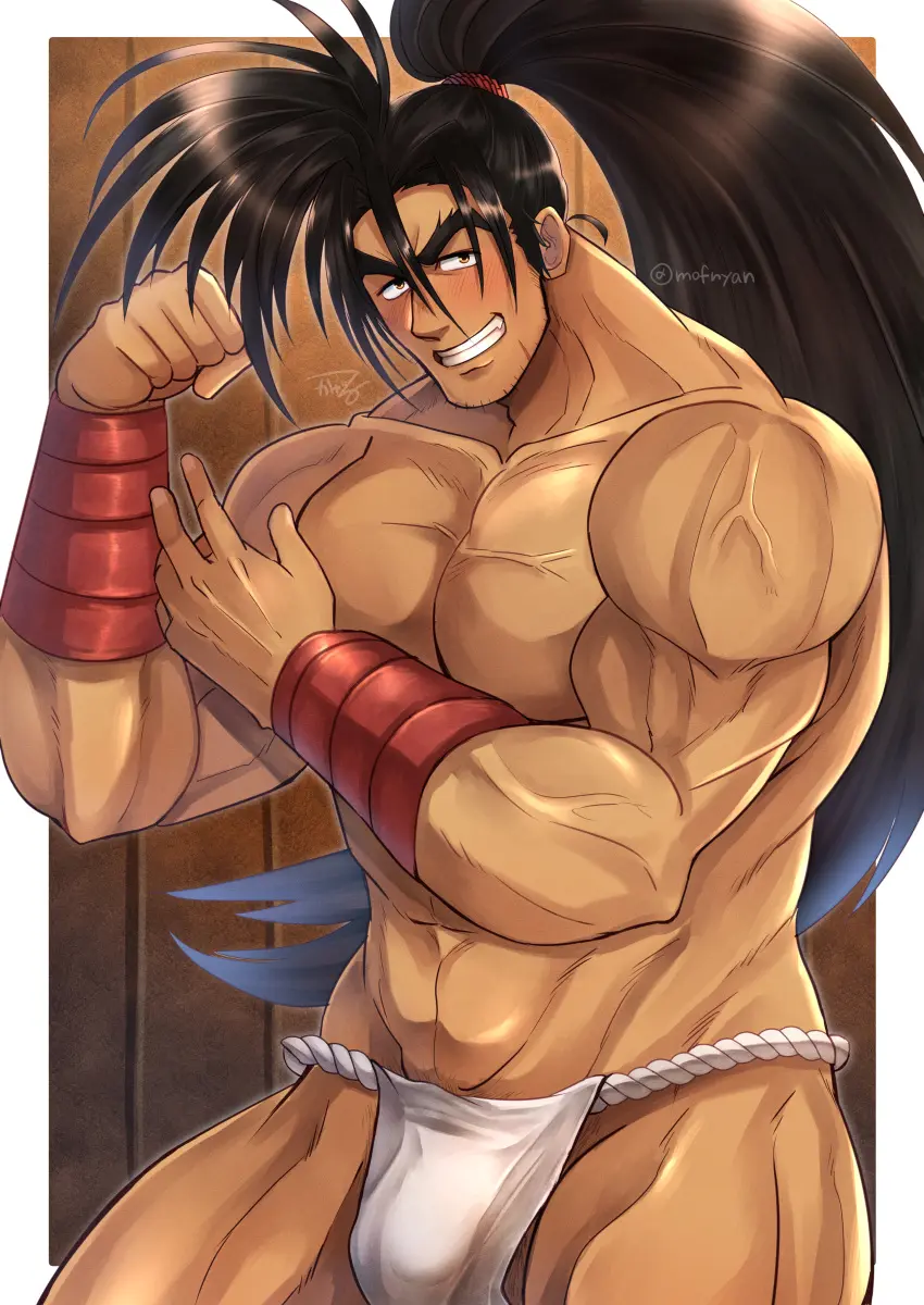 Image blush,hi_res,highres,nipples,1boy,male,underwear,muscular,muscular_male,male_only,yaoi,bara,bulge,fundoshi,haohmaru,japanese_clothing,male_nipples,penis_outline,samurai_shodown,2022,mofnyan,big_bulge