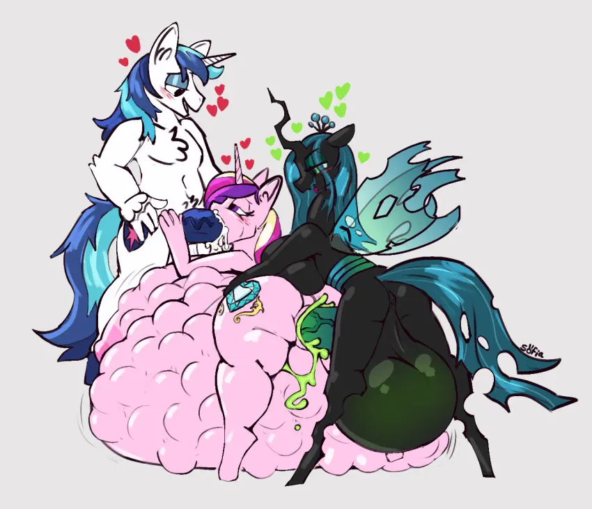 Image breasts,female,nipples,blue_hair,cum,cum_in_mouth,threesome,ass,pregnant,balls,pink_hair,wings,anthro,cum_in_pussy,gigantic_breasts,anus,purple_hair,oral_sex,inflation,genitals,mammal,black_skin,arthropod,black_body,horn,hyper_balls,white_body,friendship_is_magic,hasbro,my_little_pony,white_fur,pink_body,cutie_mark,equid,equine,changeling,crown,pink_fur,princess_cadance_(mlp),queen_chrysalis_(mlp),shining_armor_(mlp),sofia_drawsmore,unicorn,western
