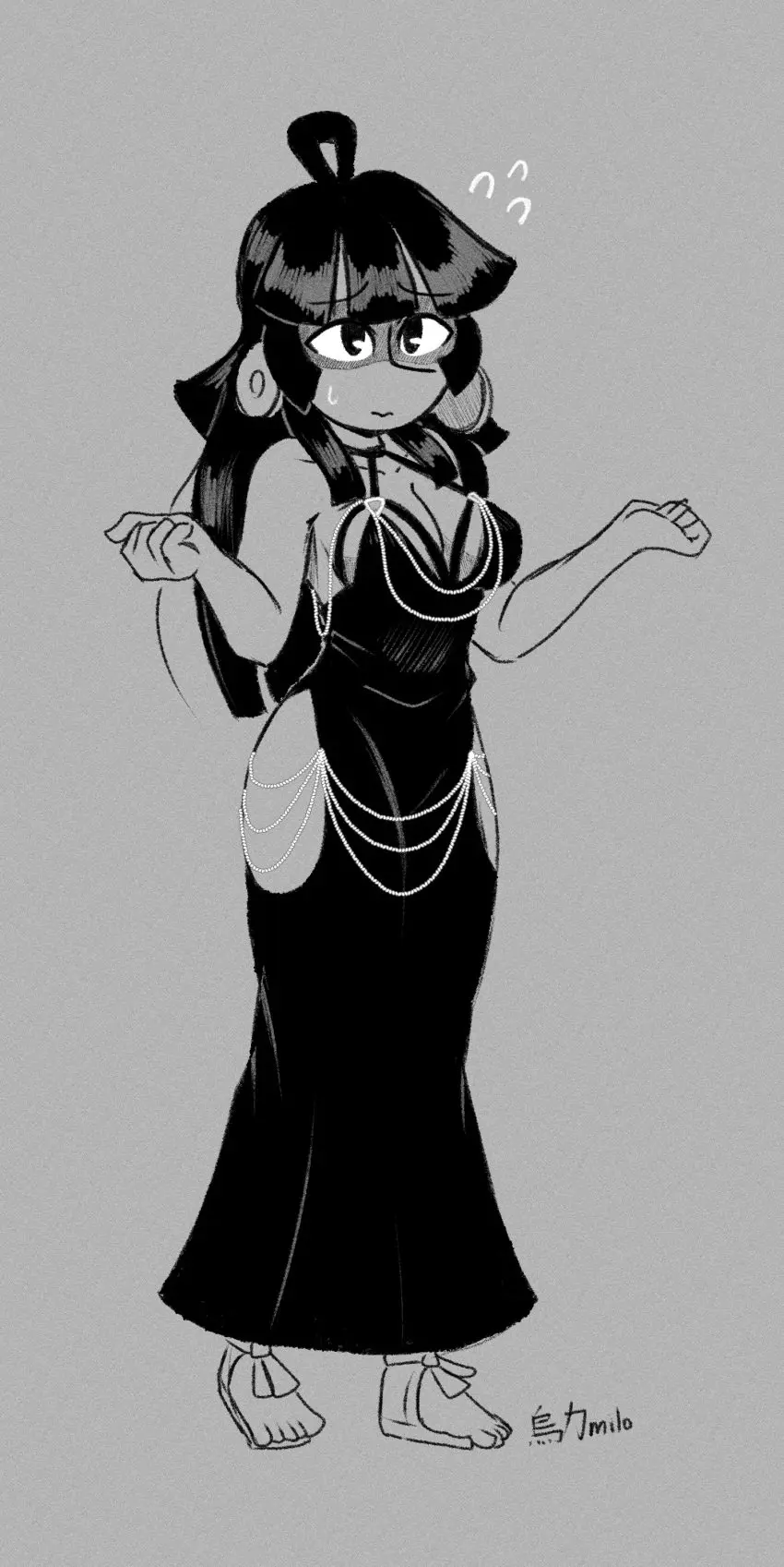 Image 1girls,big_breasts,breasts,female,long_hair,simple_background,solo,black_hair,choker,earrings,milf,wide_hips,embarrassed,cleavage,dress,original_character,curvy,sweatdrop,black_and_white,monochrome,tight_clothing,black_eyes,black_dress,mother,sketch,signature,sandals,aztec,bashful,beelia,chain_jewelry,codex_black,exposed_shoulders,facepaint,hands_up,hime_cut,meme_attire,meme_clothing,mexica,modakawa_dress,shi-gu,tribal,w_arms