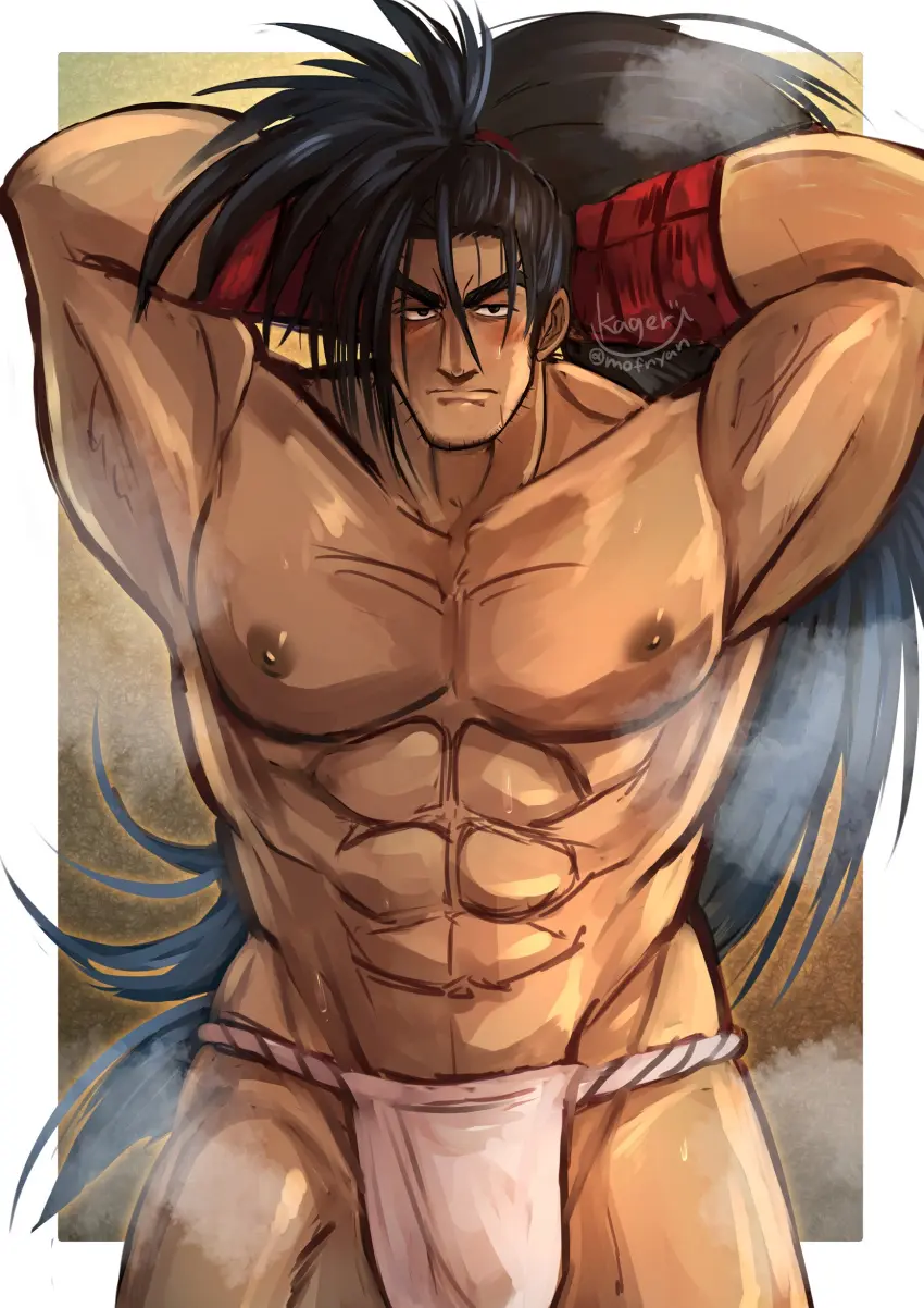 Image blush,hi_res,highres,looking_at_viewer,nipples,1boy,male,underwear,muscular,muscular_male,male_only,yaoi,bara,bulge,fundoshi,haohmaru,japanese_clothing,male_nipples,penis_outline,samurai_shodown,2022,mofnyan,big_bulge