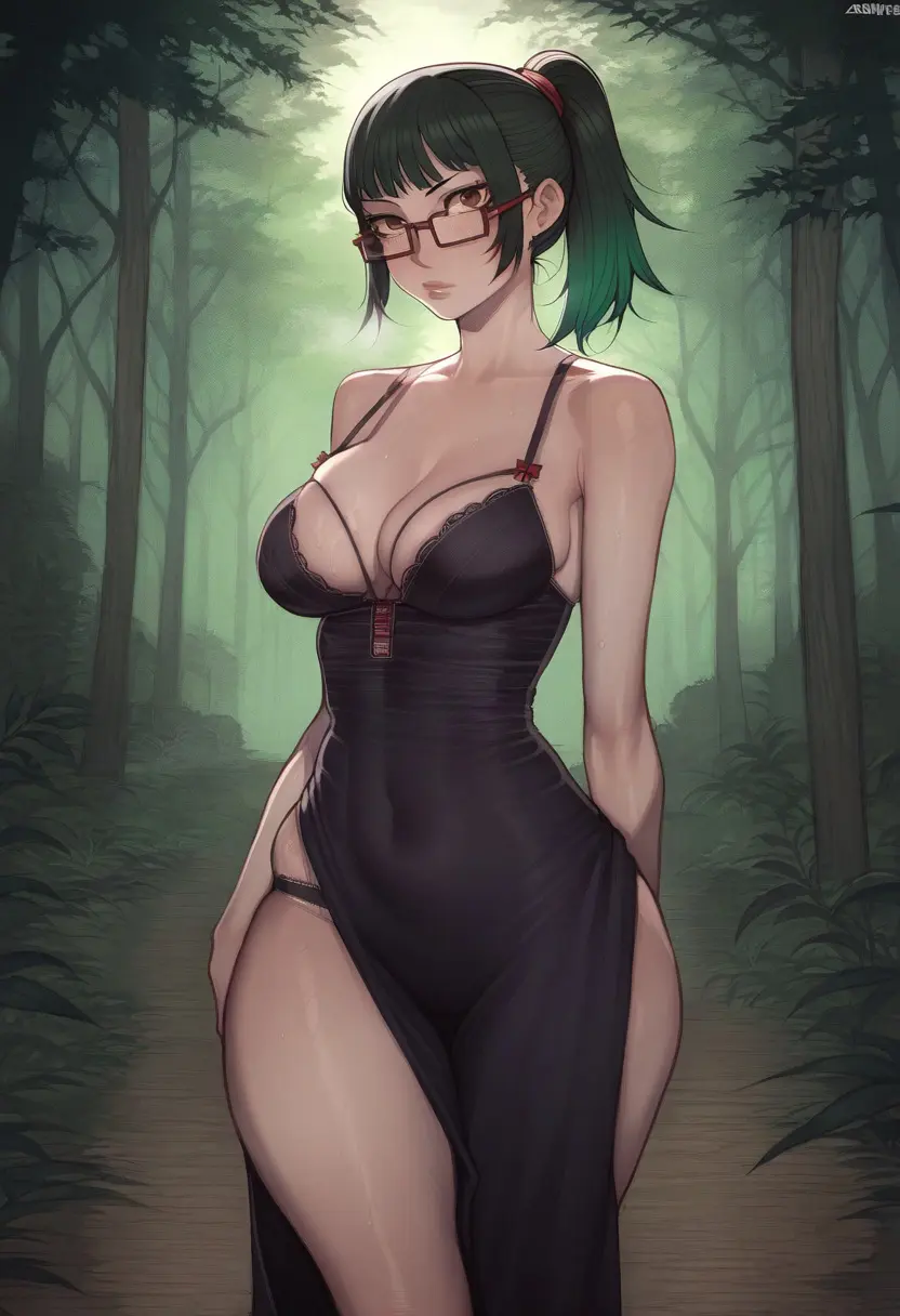 Image big_breasts,blush,breasts,female,female_only,red_eyes,standing,big_ass,big_butt,female_focus,thick_thighs,thighs,white_skin,ai_generated,cleavage,from_behind,glasses,dress,green_hair,black_dress,big_nipples,big_thighs,asura_(ai_style),white_body,mommy,forest,jujutsu_kaisen,black_bodysuit,wanuze,zenin_maki