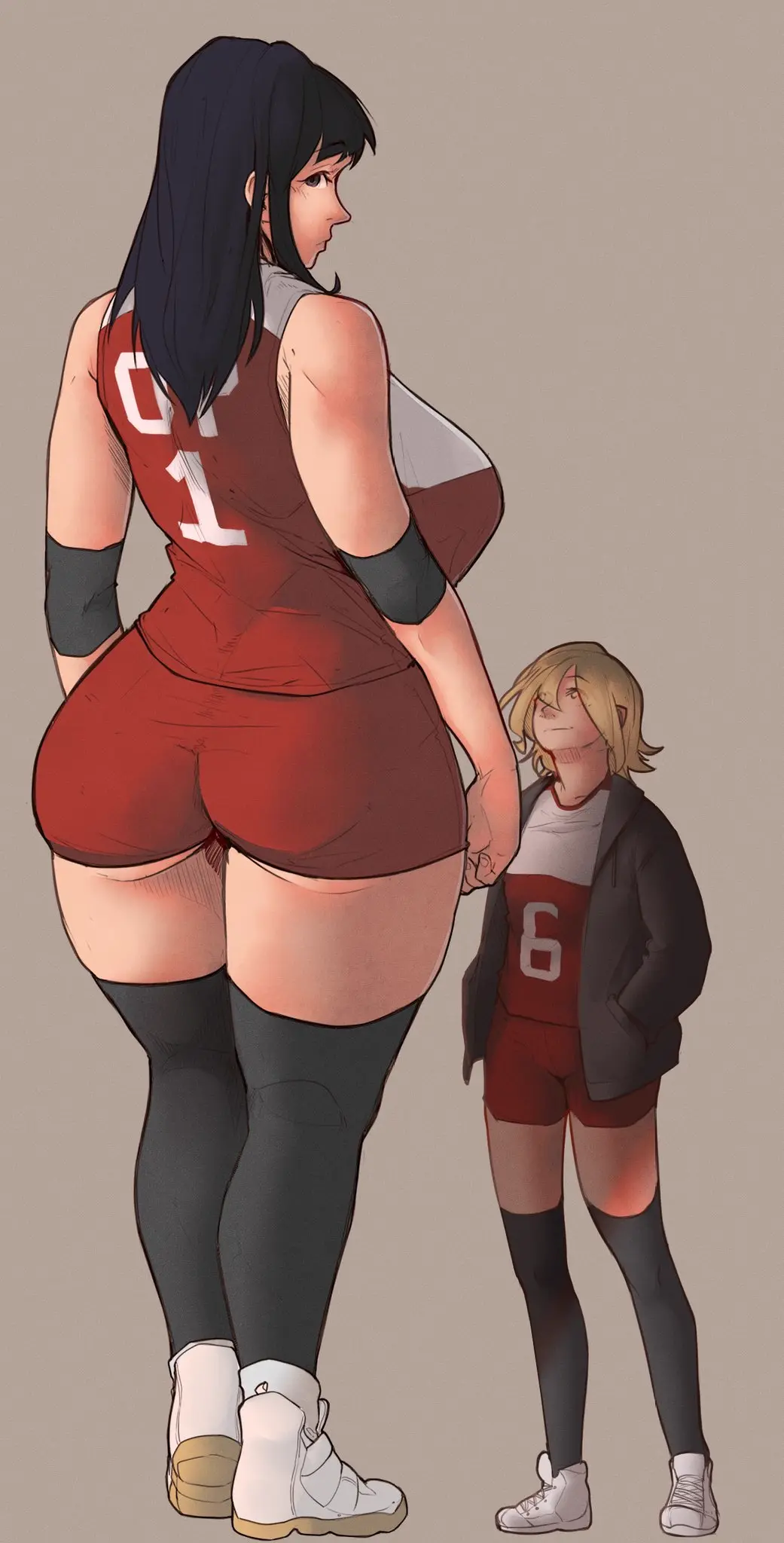 Image female,2girls,black_hair,multiple_girls,brown_hair,shorts,cantankeravian,mini_giantess,jersey