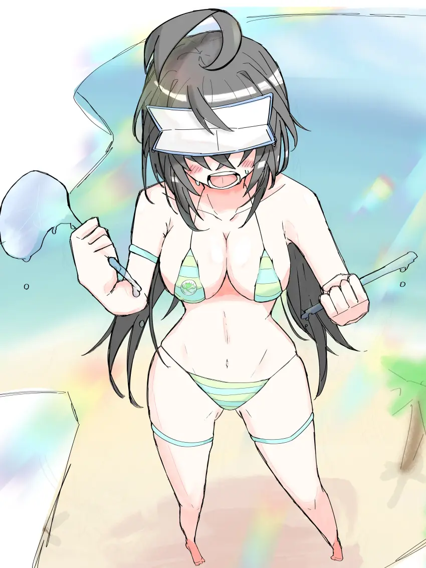Image breasts,female,large_breasts,standing,sweat,bikini,barefoot,high-angle_view,beach,swimsuit,shocked,holding_object,full_body,holding_weapon,broken_weapon,duel_masters,golf_club,ice,icing_faerie,melted,melting,slender_waist,summer