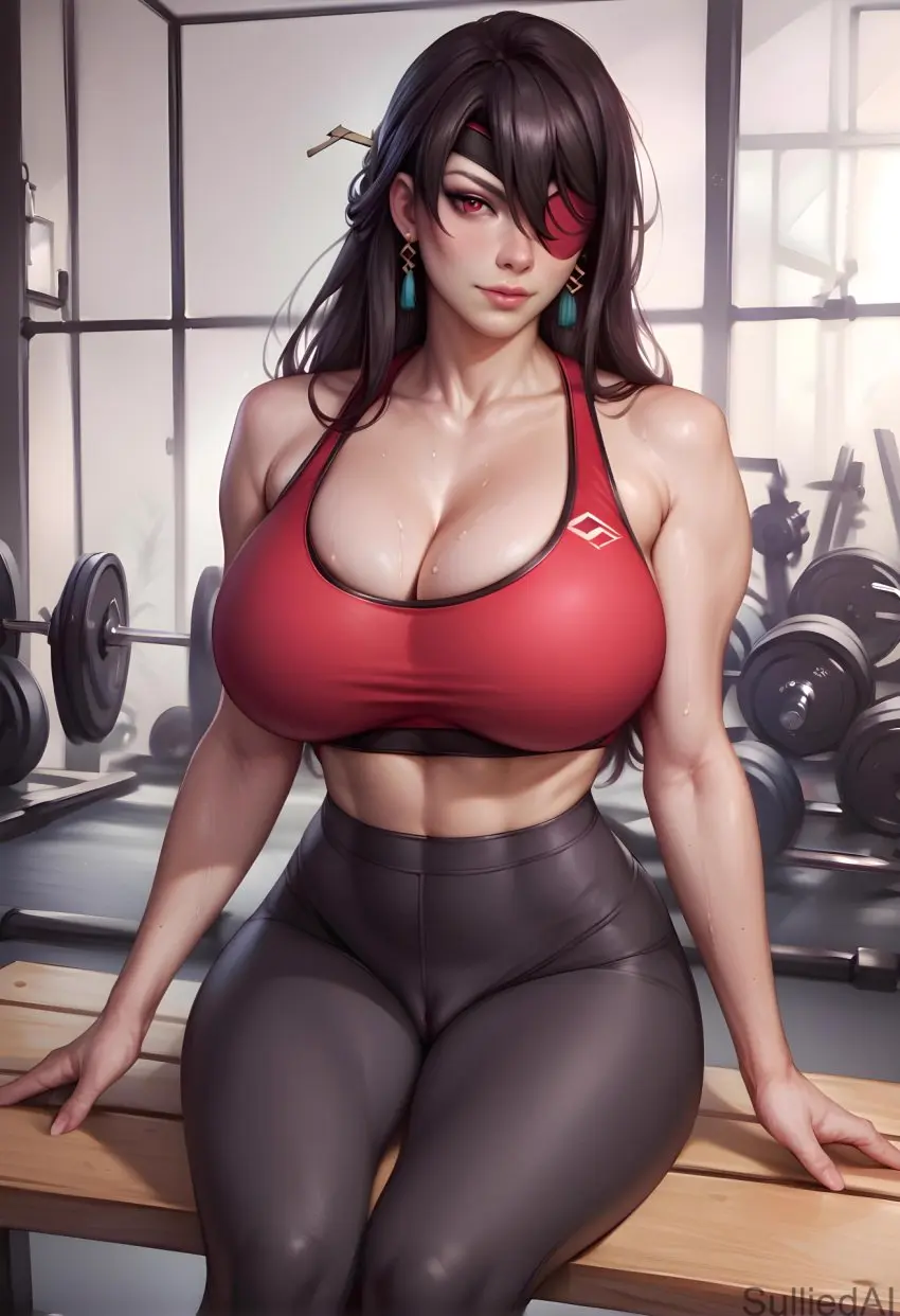 Image big_breasts,breasts,female,large_breasts,thick_thighs,muscular,wide_hips,ai_generated,gym,sports_bra,cleavage,genshin_impact,muscular_female,gym_uniform,mihoyo,beidou_(genshin_impact),eyepatch,gym_clothing,hoyoverse,sulliedai,yoga_pants