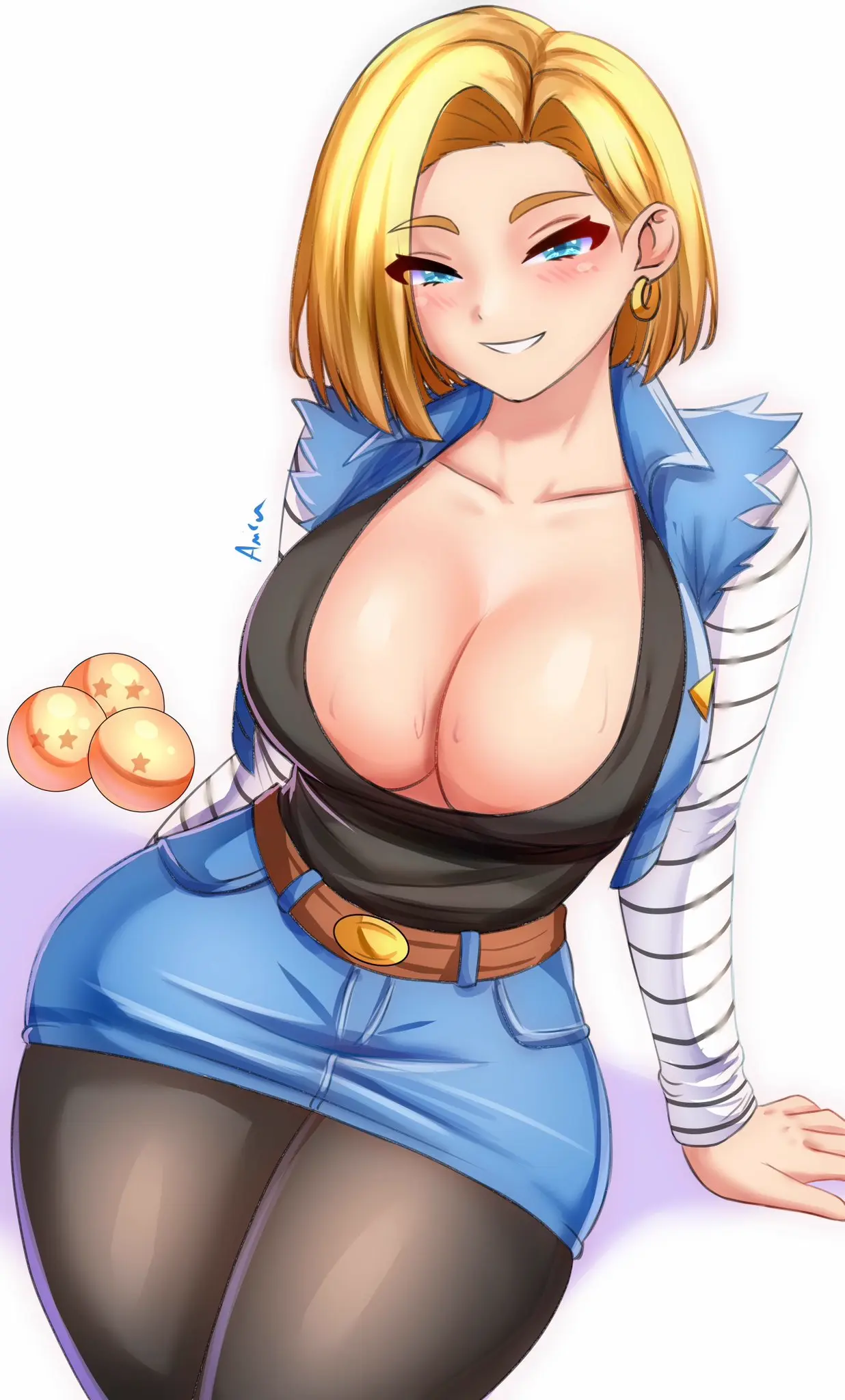 Image 1girls,breasts,female,light-skinned_female,light_skin,looking_at_viewer,short_hair,thick_thighs,wide_hips,cleavage,huge_breasts,blonde_hair,android_18,dragon_ball,dragon_ball_z,naughty_face,anisdrawn
