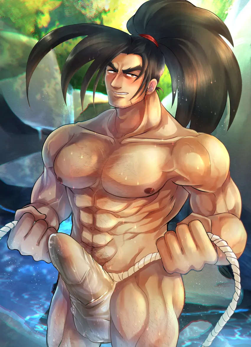 Image blush,hi_res,highres,looking_at_viewer,nipples,1boy,male,underwear,2021,muscular,muscular_male,male_only,yaoi,wet,bara,bulge,erection_under_clothes,fundoshi,haohmaru,japanese_clothing,male_nipples,penis_outline,samurai_shodown,mofnyan,big_bulge