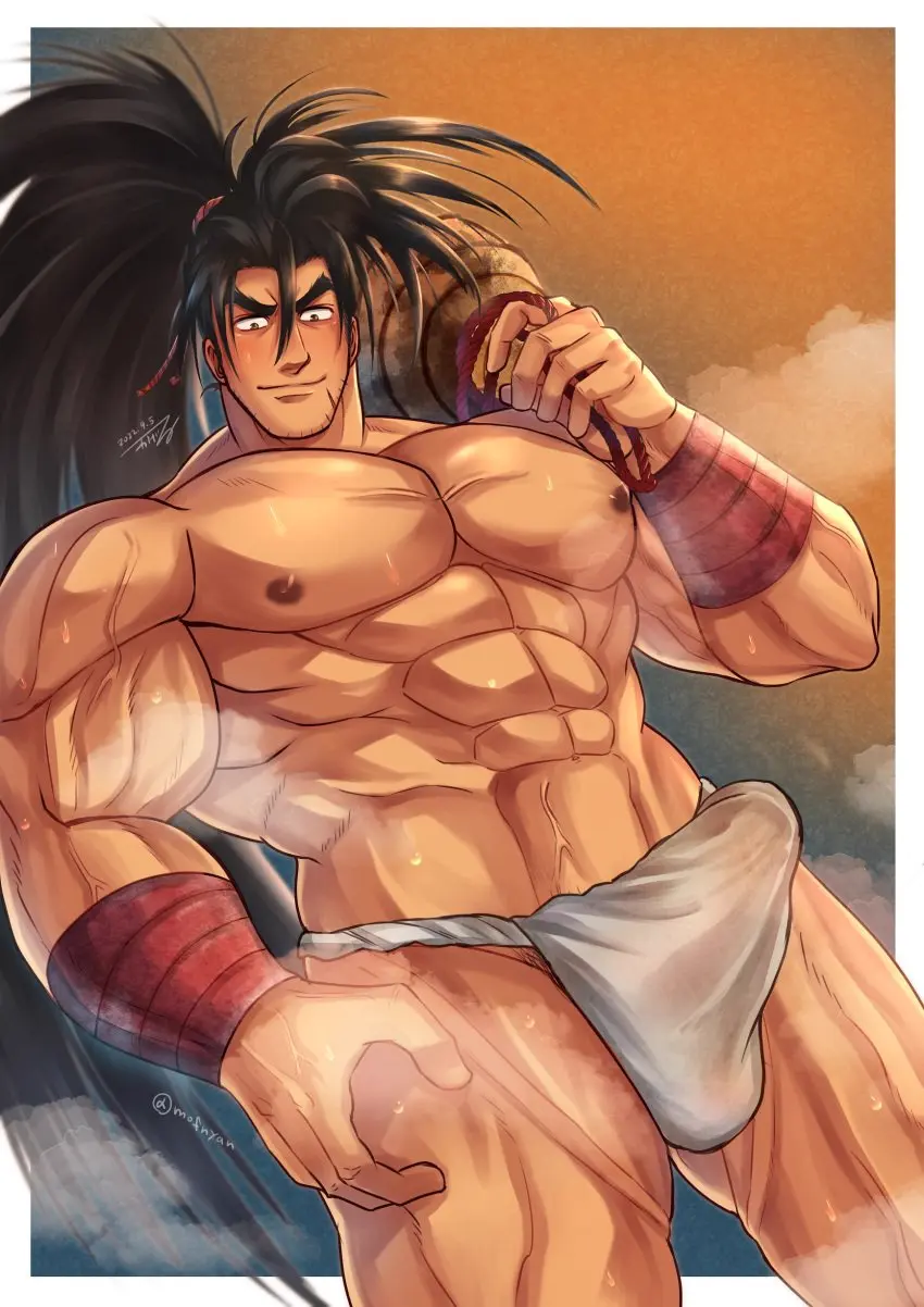 Image 2023,blush,hi_res,highres,looking_at_viewer,nipples,1boy,male,underwear,muscular,muscular_male,male_only,yaoi,bara,bulge,erection_under_clothes,fundoshi,haohmaru,japanese_clothing,male_nipples,penis_outline,samurai_shodown,mofnyan,big_bulge