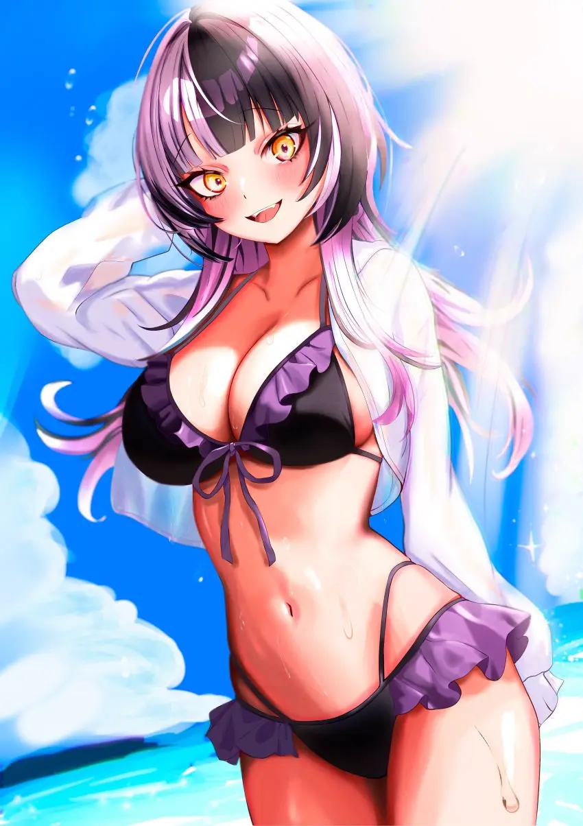 Image 1girls,big_breasts,blush,breasts,female,female_only,highres,long_hair,looking_at_viewer,open_mouth,solo,standing,white_hair,black_hair,yellow_eyes,bikini,female_focus,two_tone_hair,smiling,smiling_at_viewer,virtual_youtuber,ocean,sky,belly_button,cleavage,solo_female,vtuber,swimsuit,hololive,black_bikini,thong,front_view,day,sunlight,hololive_english,open_jacket,sun,summer,arm_behind_back,clouds,hololive_english_-advent-,shiori_novella,thong_bikini,two_piece_swimsuit,vtuberfanart