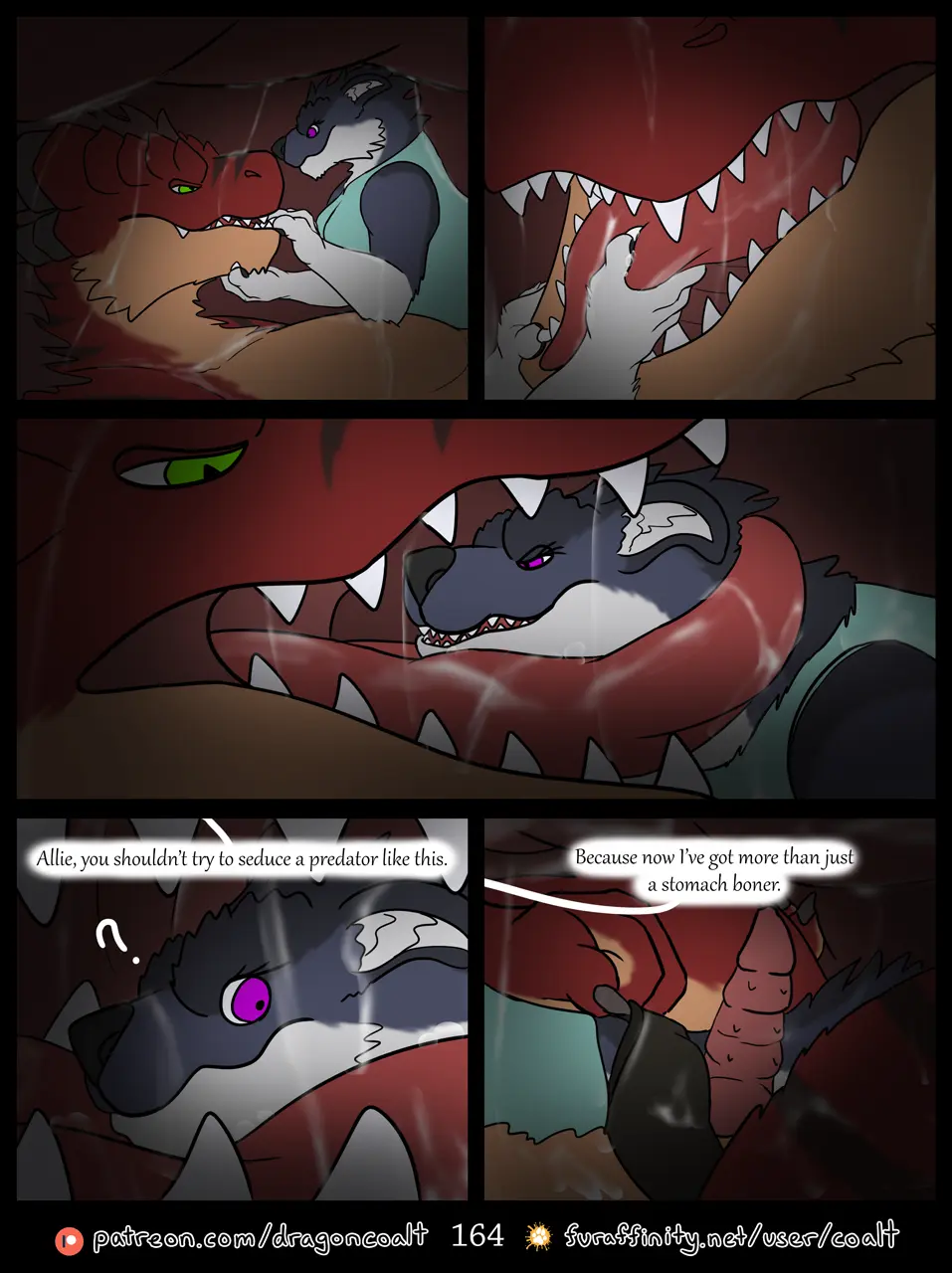 Image clothing,female,hi_res,pants,shirt,licking,male,penis,tongue,looking_back,duo,erection,patreon,teeth,male/female,saliva_string,anthro,tan_body,text,green_eyes,mythology,purple_eyes,saliva,sharp_teeth,comic,bodily_fluids,canid,canine,canis,fur,genitals,grey_body,grey_fur,mammal,wolf,dialogue,black_body,looking_at_another,eye_contact,english_text,black_nose,surprise,white_body,scalie,wide_eyed,speech_bubble,animal_genitalia,animal_penis,mythological_creature,topwear,dragon,mythological_scalie,tan_fur,white_fur,red_body,url,furred_dragon,furred_scalie,black_fur,black_clothing,bottomwear,wingless_dragon,blue_clothing,allie_(rimentus),anthro_pred,anthro_prey,assisted_undressing,black_bottomwear,black_pants,blue_shirt,blue_topwear,coalt,feline_genitalia,feline_penis,female_prey,furaffinity,furaffinity_logo,hand_on_mouth,hand_on_tongue,head_in_mouth,imminent_sex,inside_stomach,male_pred,neck_lick,page_number,patreon_logo,pulling_pants_down,question_mark,red_fur,rimentus,vore