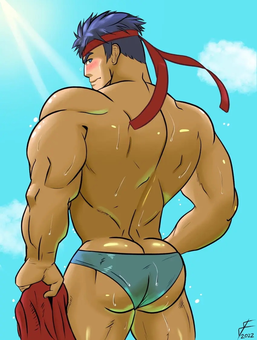 Image blush,hi_res,looking_at_viewer,solo,1boy,blue_eyes,blue_hair,male,short_hair,sweat,ass,big_ass,big_butt,bubble_butt,huge_ass,looking_back,thighs,muscular,muscular_male,beach,embarrassed,male_only,yaoi,headband,thick_ass,gay,back,bara,2022,holding_object,artist_signature,biceps,fire_emblem,back_view,solo_male,swimwear,sunlight,barodityarts,blue_speedo,fire_emblem:_radiant_dawn,ike_(fire_emblem),muscular_arms,muscular_back,no_visible_genitalia,red_headband,speedo