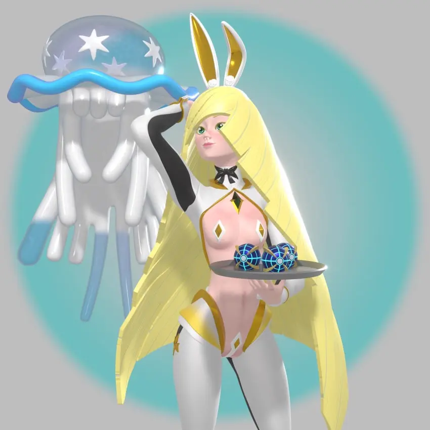 Image 1girls,bow,breasts,female,smile,standing,pokemon,pokemon_(species),small_breasts,blonde_hair,green_eyes,stockings,pale_skin,bunny_ears,blender,pasties,bunny_tail,tray,3d_model,pokémon_(species),bowtie,blender_(software),cuffs_(clothing),lusamine_(pokemon),maebari,nihilego,nipple_pasties,pokeball,pokemon_sm,pussy_pasty,reverse_bunnysuit,snakegirl69
