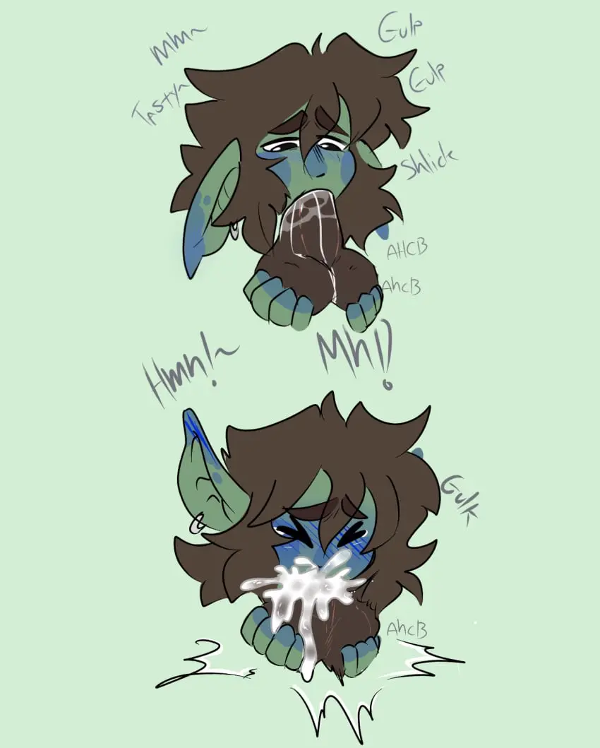 Image blush,cum,cum_in_mouth,cum_on_face,male,penis,big_penis,dark-skinned_male,balls,cum_inside,green_skin,original_character,brown_hair,closed_eyes,ear_piercing,black_penis,afterhourscb,goblin_male,holding_balls,tock_the_goblin