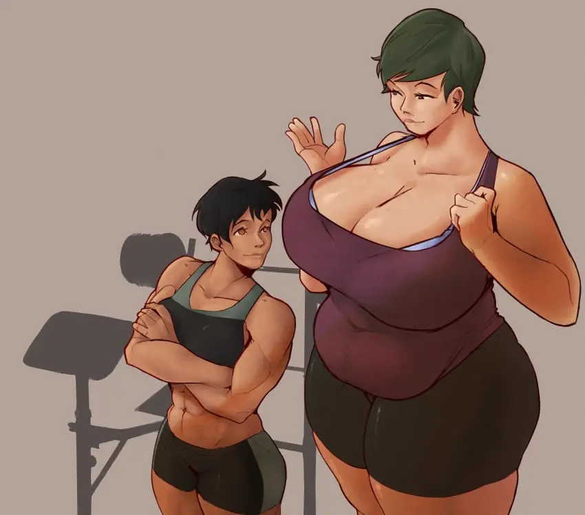 Image big_breasts,breasts,female,2girls,multiple_girls,thighs,muscular,belly,cleavage,tan_body,chubby,chubby_female,muscular_female,cantankeravian,bralines