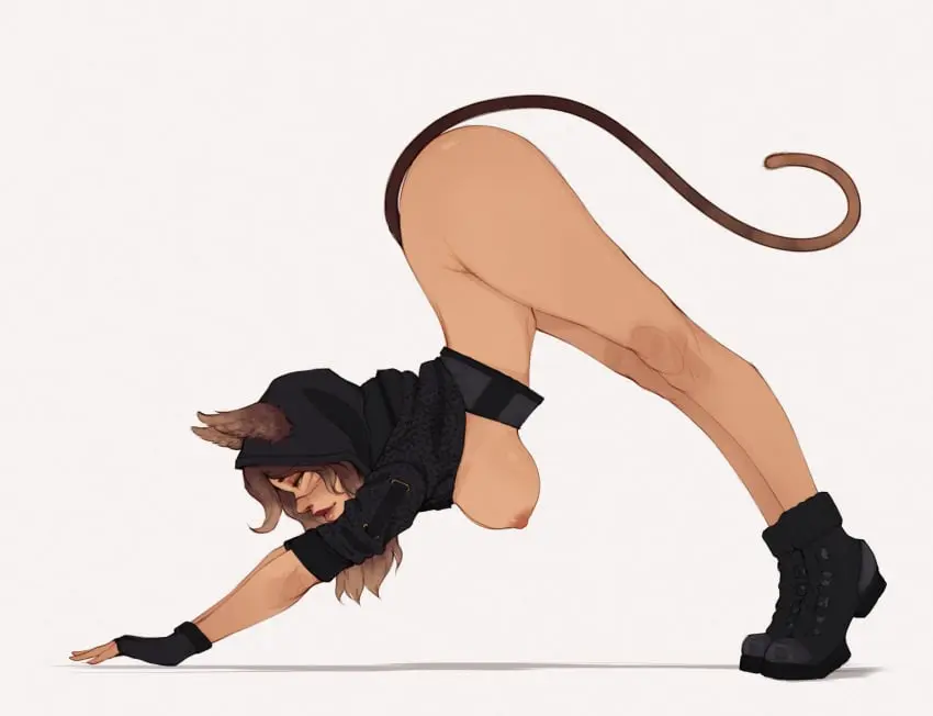 Image 1girls,breasts,female,large_breasts,solo,nude,tail,catgirl,original_character,bent_over,all_fours,hoodie,boots,tdp,yoruichi_stretch