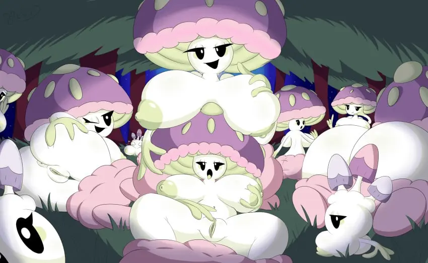 Image big_breasts,breasts,female,hi_res,looking_at_viewer,nipples,open_mouth,smile,pokemon,pokemon_(species),pussy,tongue_out,tongue,ass,humanoid,areola,digital_media_(artwork),eyelashes,huge_breasts,anus,nintendo,night,genitals,black_eyes,breast_grab,white_body,green_body,tree,breast_squish,squish,forest,plant,group,elemental_creature,elemental_humanoid,hand_on_butt,butt_grab,fungi_fauna,fungi_humanoid,fungus,generation_7_pokemon,hand_on_breast,morelull,mushroom,shiinotic,xelius