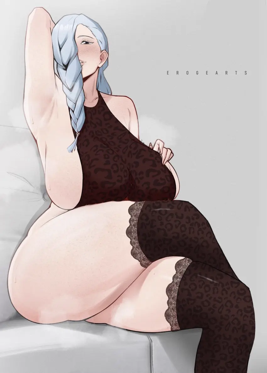 Image blush,breasts,female,highres,large_breasts,long_hair,looking_at_viewer,simple_background,solo,absurdres,blue_hair,sweat,thick_thighs,thighs,hair_over_one_eye,armpits,bare_shoulders,collarbone,sideboob,sitting,mature_female,steaming_body,feet_out_of_frame,couch,steam,thigh_highs,grey_background,leotard,assertive_female,plump,animal_print,leopard_print,jujutsu_kaisen,mei_mei_(jujutsu_kaisen),arm_behind_head,crossed_legs,erogearts,female_pervert,hand_on_own_chest,pervert