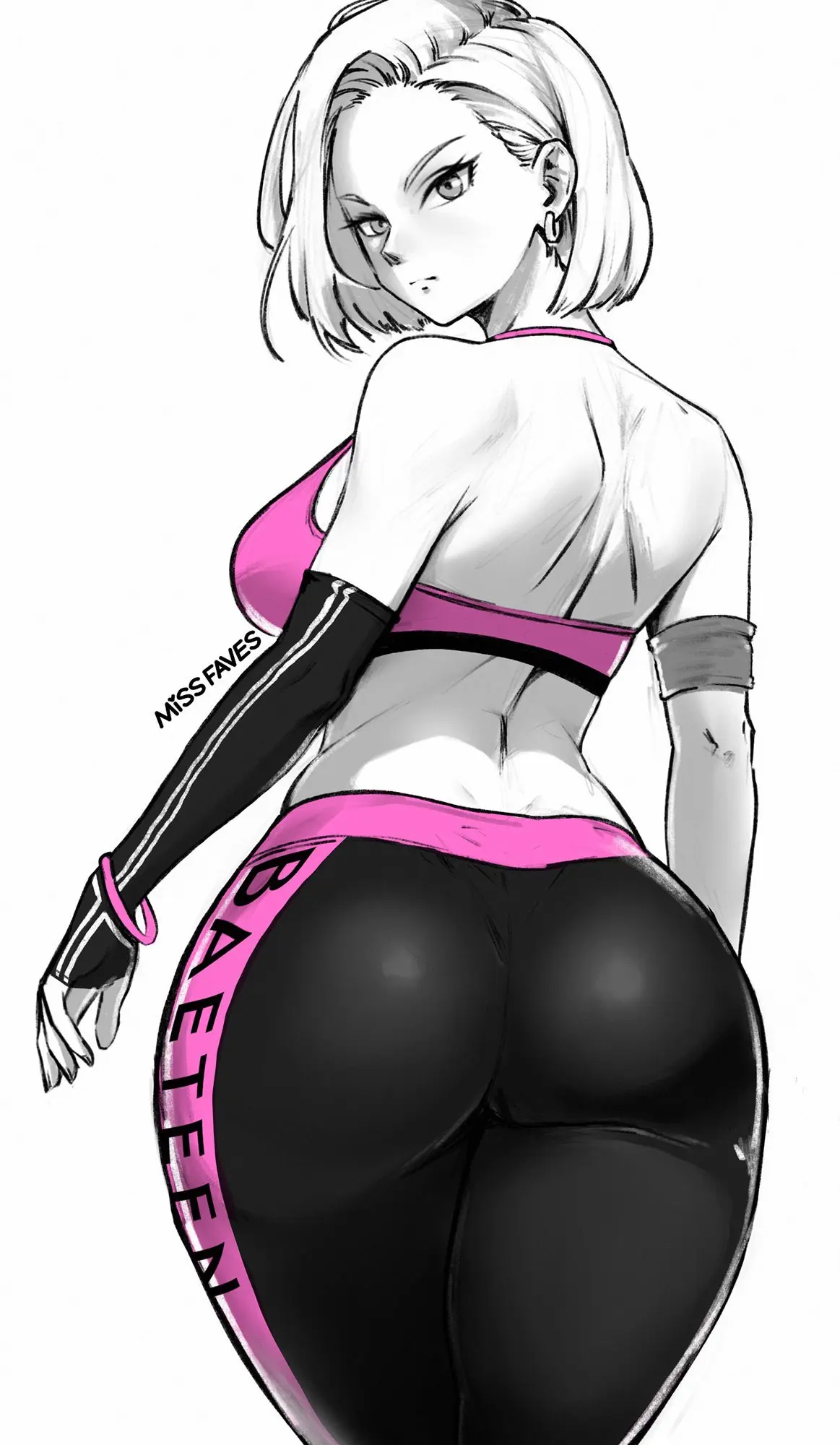 Image 1girls,female,short_hair,ass,earrings,thighs,sportswear,artist_name,android_18,dragon_ball,dragon_ball_z,curvy,tight_clothing,bracelet,ass_focus,back_view,commission,armband,missfaves,short_hair_female