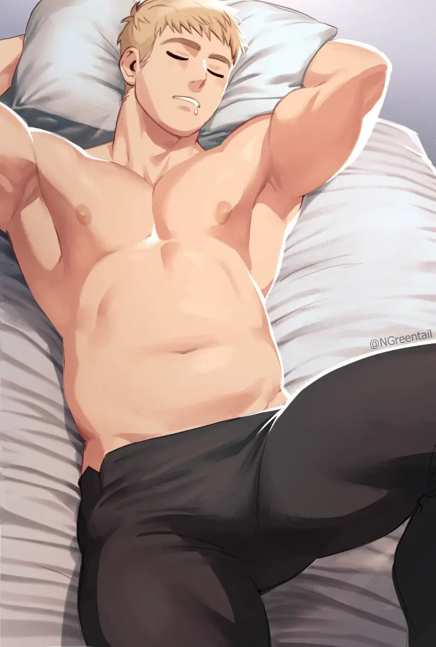Image highres,nipples,pants,smooth_skin,solo,1boy,male,navel,short_hair,lying,on_back,muscular,muscular_male,armpits,male_only,yaoi,arms_behind_head,arms_up,belly,drooling,blonde_hair,closed_eyes,on_bed,bed,bara,bulge,topless,stomach,male_focus,pillow,pectorals,plump,sleeping,topless_male,black_pants,dungeon_meshi,laios_touden,hairless_armpits,ngreentail,twitter_username