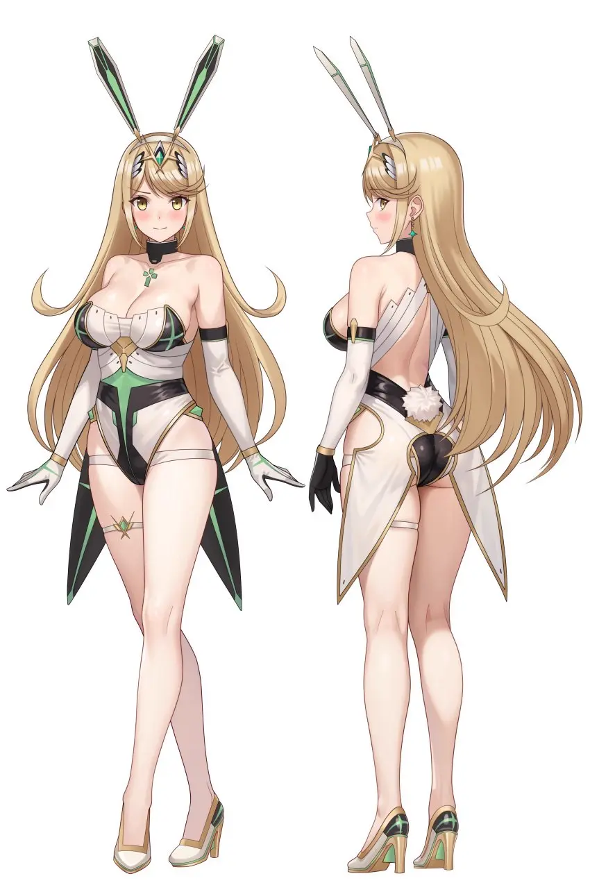 Image 1girls,big_breasts,breasts,female,yellow_eyes,earrings,cleavage,jewelry,blonde_hair,absurd_res,rabbit_ears,nintendo,high_heels,xenoblade_(series),xenoblade_chronicles_2,bunnysuit,bodysuit,high_res,rabbit_tail,side_bangs,transparent_background,vodka13,mythra