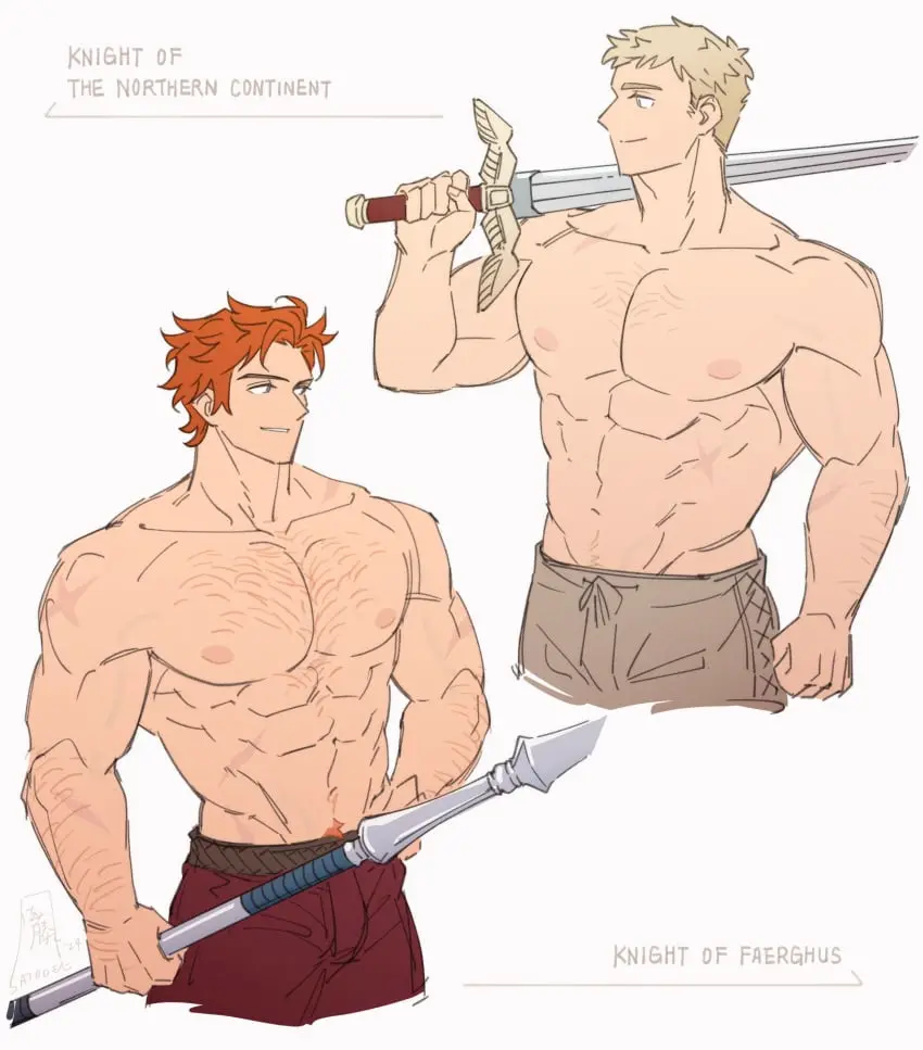 Image highres,nipples,standing,absurdres,male,navel,short_hair,muscular,muscular_male,2boys,male_only,yaoi,blonde_hair,nintendo,bara,multiple_boys,thick_eyebrows,cropped_legs,stomach,fire_emblem,fire_emblem:_three_houses,male_focus,abs,weapon,pectorals,topless_male,large_pectorals,sword,arm_hair,dungeon_meshi,laios_touden,navel_hair,alternate_body_hair,alternate_muscle_size,chest_hair,over_shoulder,pubic_hair_peek,satodee,sparse_chest_hair,sword_over_shoulder,sylvain_jose_gautier,weapon_over_shoulder