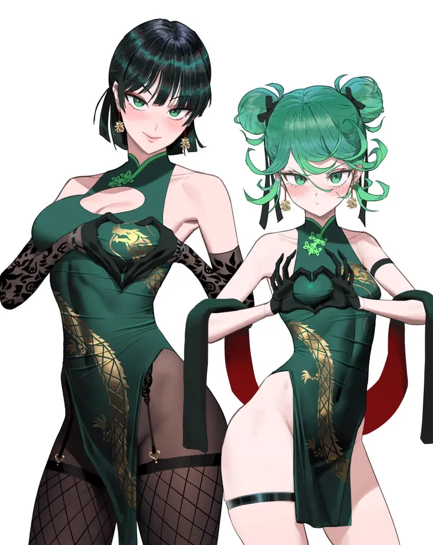 Image breasts,female,female_only,light-skinned_female,light_skin,2girls,gloves,multiple_girls,short_hair,earrings,cleavage,green_eyes,cleavage_cutout,stockings,green_hair,sisters,fishnets,asian,asian_female,thigh_strap,one-punch_man,tatsumaki,bare_legs,garter_straps,chinese_clothes,breasts_size_difference,fubuki_(one-punch_man),hair_buns,hands_making_heart,japanese,traditional_clothes,wonbin_lee