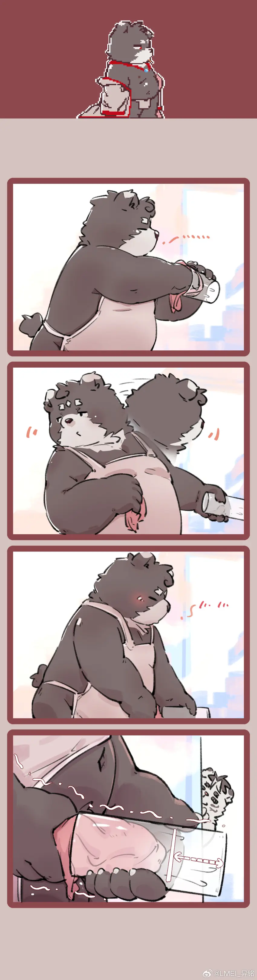 Image blush,clothing,hi_res,male,duo,erection,belly,anthro,absurd_res,bulge,comic,mammal,apron,2024,bear,felid,overweight,erection_under_clothing,pantherine,tiger,moobs,overweight_male,kemono,yimingsama
