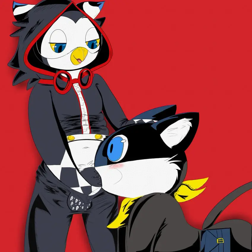 Image blush,clothed,clothing,hi_res,open_mouth,pants,shirt,hand_on_head,male,oral,penis,sex,duo,erection,fellatio,kneeling,male/male,balls,anthro,pants_down,penetration,genitals,mammal,shirt_lift,partially_clothed,feline,oral_penetration,avian,bird,owl,atlus,persona,penile,raised_clothing,raised_shirt,raised_topwear,topwear,1:1,felid,pubes,megami_tensei,persona_5,domestic_cat,felis,bottomwear,bottomwear_down,kneeling_oral_position,clothing_lift,twerpishimp,morgana_(persona),persona_(series),persona_5:_the_phantom_x,ruferu_(persona)