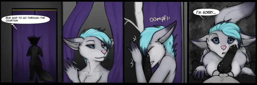 Image female,hi_res,male,penis,duo,male/female,anthro,canid,canine,canis,curtains,genitals,mammal,wolf,dialogue,knot,hybrid,3:1,nethil,zraesin_(character)